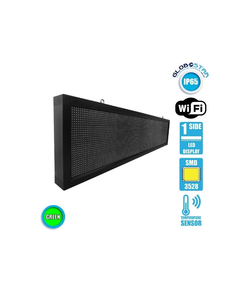 GLOBOSTAR® DISPLAY 90282 Κυλιόμενη Ψηφιακή Επιγραφή 160x32cm P10 Μονής Όψης LED AC 220-240V Αδιάβροχο IP65 Πράσινο - WiFi Control μέσω FK APP - Αισθητήρας Θερμοκρασίας & Υγρασίας - Μ168 x Π9 x Υ40cm - 2 Χρόνια Εγγύηση